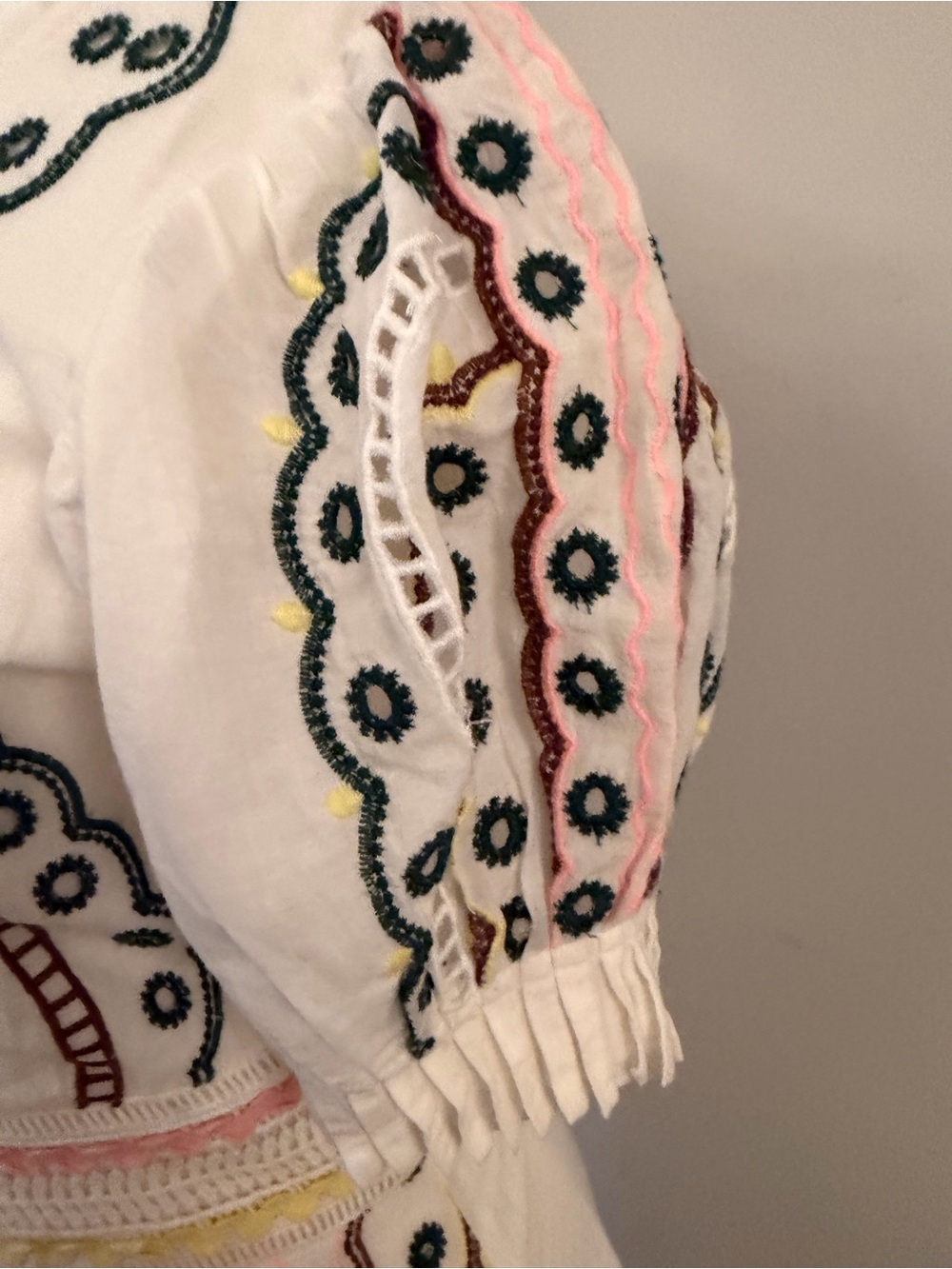 Boheme White Maxi Dress. Eyelet Embroidery and Blush/Yellow Trim - Picture 5 of 16